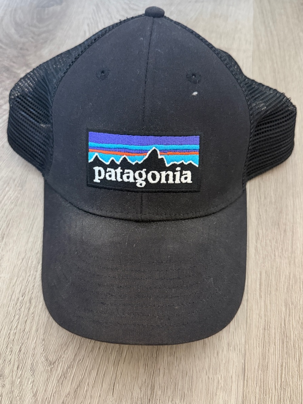 Patagonia Kids Black Trucker Hat with Blue and Purple Logo